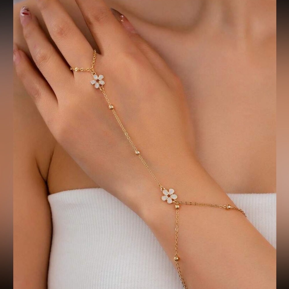 Gold Floral Hand Chain Bracelet with White Flower Accents